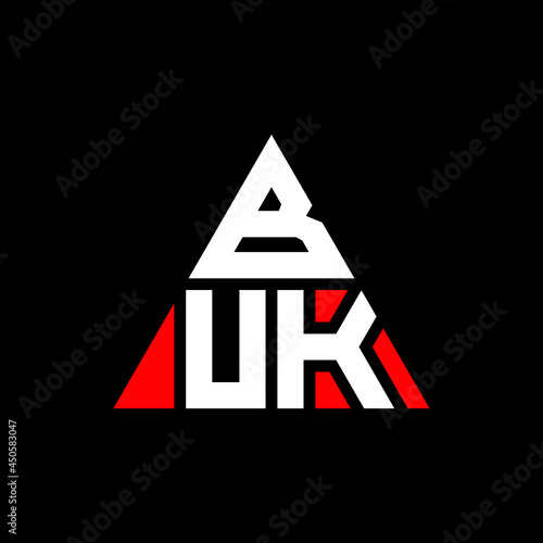 BUK triangle letter logo design with triangle shape. BUK triangle logo design monogram. BUK triangle vector logo template with red color. BUK triangular logo Simple, Elegant, and Luxurious Logo. BUK 