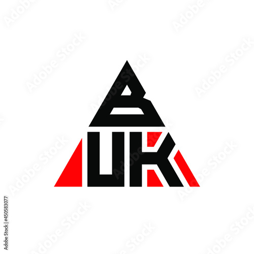 BUK triangle letter logo design with triangle shape. BUK triangle logo design monogram. BUK triangle vector logo template with red color. BUK triangular logo Simple, Elegant, and Luxurious Logo. BUK 