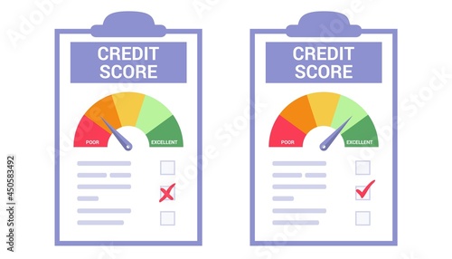 Credit score or rating concept in flat vector illustration Rejected and approved credit score gauge speedometer indicator levels paper Payment history Loan history meter Scale creditworthiness report