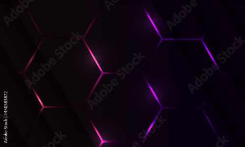 Dark hexagon gaming abstract vector background with violet and pink colored bright flashes. Vector illustration