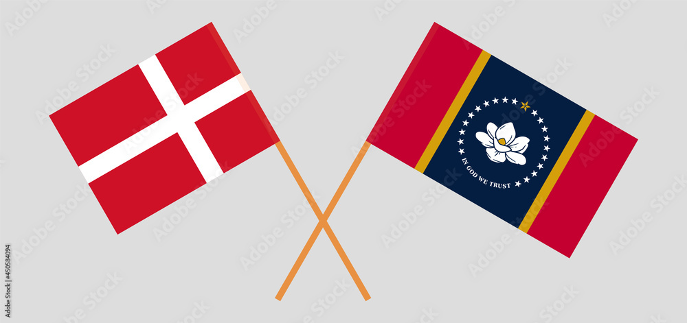 Crossed flags of Denmark and the State of Mississippi. Official colors. Correct proportion