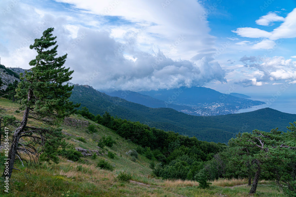 panorama-landscape: trees, mountains and the sea against a blue sky with clouds