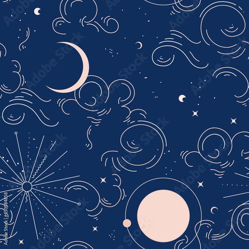 Celestial universe moon sun stars constellation surface pattern . vintage lunar calendar