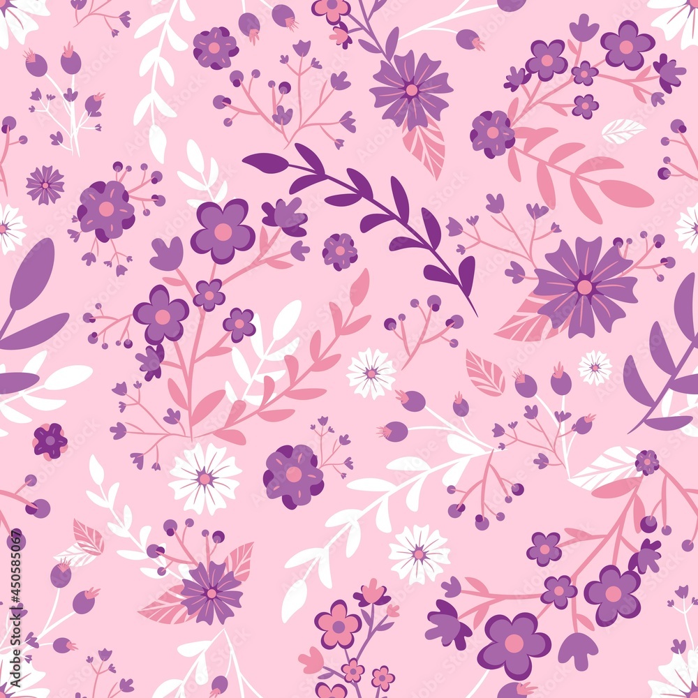 Botanical seamless pattern with pink and purple flowers and leaves. Repetitive background with floral motifs for weddings and invitations. Decorative bouquet with plants and sakura in bloom