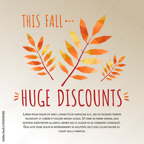 Autumn leaf. Autumn promotion, hello autumn. Rowan leaves. Vector for booklet or web banner. Promotion Autumn discount.