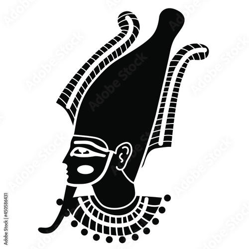 Head of ancient Greek god Osiris. Pharaoh wearing tiara crown, fake beard and a collar. Black and white negative silhouette.