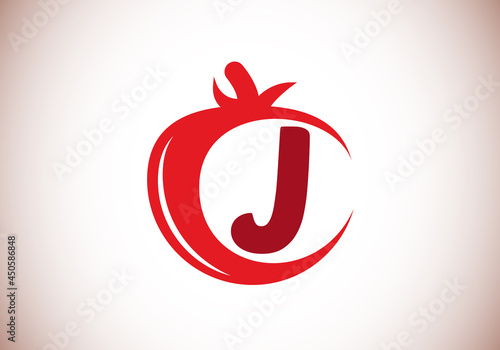 Initial J monogram alphabet with tomato. Tomato logo design template. Font emblem. Modern vector logo for organic food business, and company identity