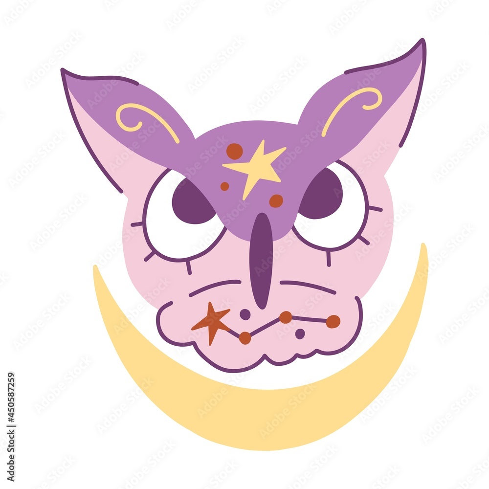 Owl purple hand drawn vector illustration. Mystic owl illustration with stars for kids