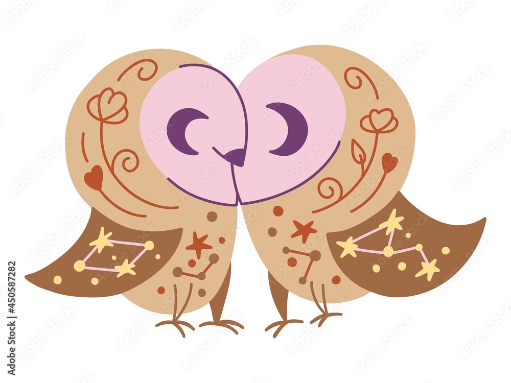 Lovely hand drawn owls couple illustration with moon and stars. Kissing owls Lovely hand drawn owls couple illustration with moon and stars. Kissing owls