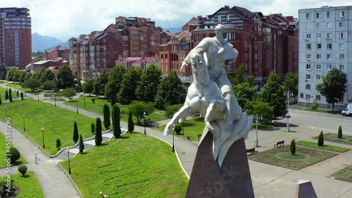 Aerial view Vladikavkaz city, square and monument to General Pliev Issa Alexandrovich, Bank bridge, City administration, Terek river. Vladikavkaz city photo
