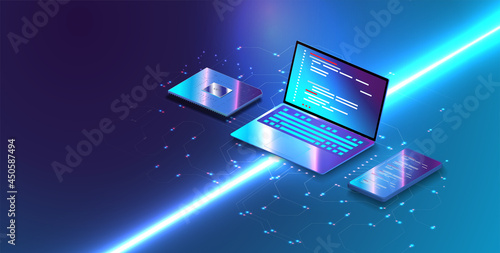 Digital blocks or cubes constructs database. Blockchain fintech technology and mining cryptocurrency. Vector Accounting, big data, blockchain technology isometric, mobile phone data visualization.
