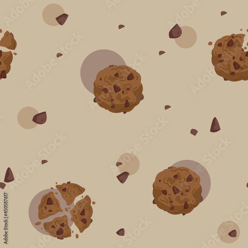 Seamless pattern with chocolate brown cookies on a beige gray background. Pattern with homemade delicious dessert in a minimalistic children s flat style. Vector illustration for print and textile