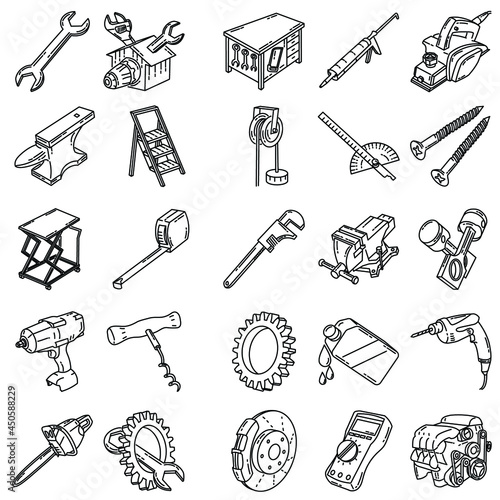 Mechanical Activity and Equipment Device Hand Drawn Icon Set Vector.