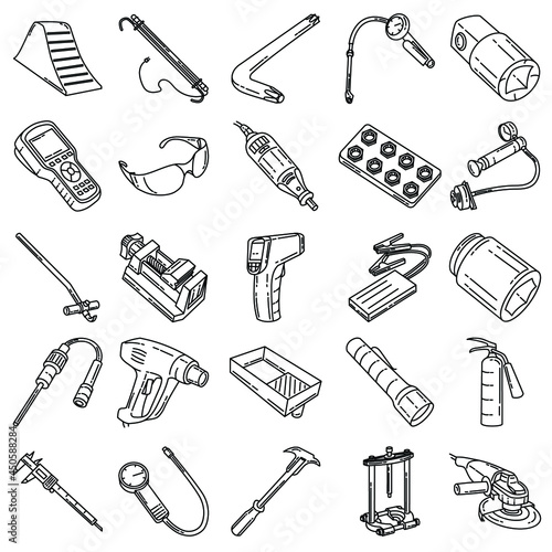 Mechanical Activity and Equipment Device Hand Drawn Icon Set Vector.