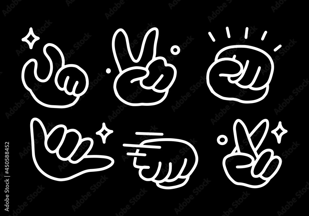 set of funny cartoon hand gesture illustrations. line illustration in white  on black background. simple hand-drawn drawing of hand fingers. Stock  Vector | Adobe Stock