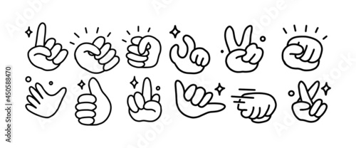 set of funny cartoon hand gesture illustrations. line illustration in black on white background. simple hand-drawn drawing of hand fingers