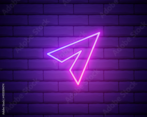 Lilac pink neon sign on brick wall Paper plane icon vector. Send Message.