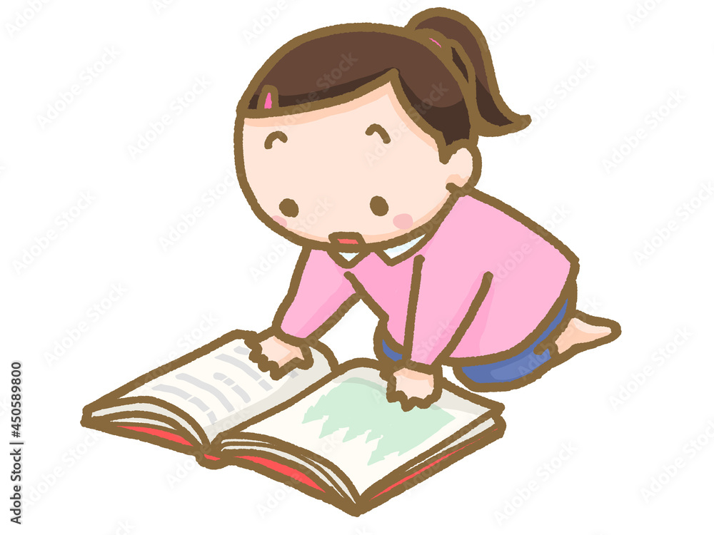 床に座り本を読む幼い女の子 床に座り本を読む幼い女の子