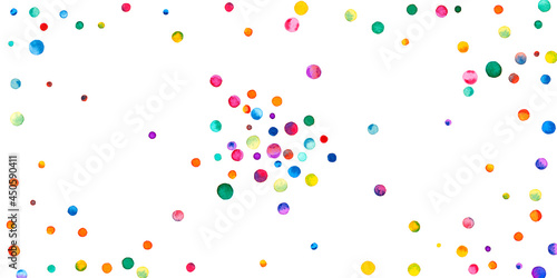 Watercolor confetti on white background. Adorable rainbow colored dots. Happy celebration wide colorful bright card. Charming hand painted confetti.