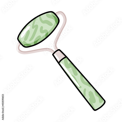 Jade massage nephrite green quartz roller icon illustration, facial gua sha stone massager, Acupuncture tool for face lifting and anti-aging, realistic doodle vector clipart isolated