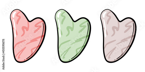 Gua sha massage scraper, quartz jade stone tool for face yoga, facial massaging, traditional asian acupuncture point massager, doodle cartoon vector illustration isolated on white. Vector illustration
