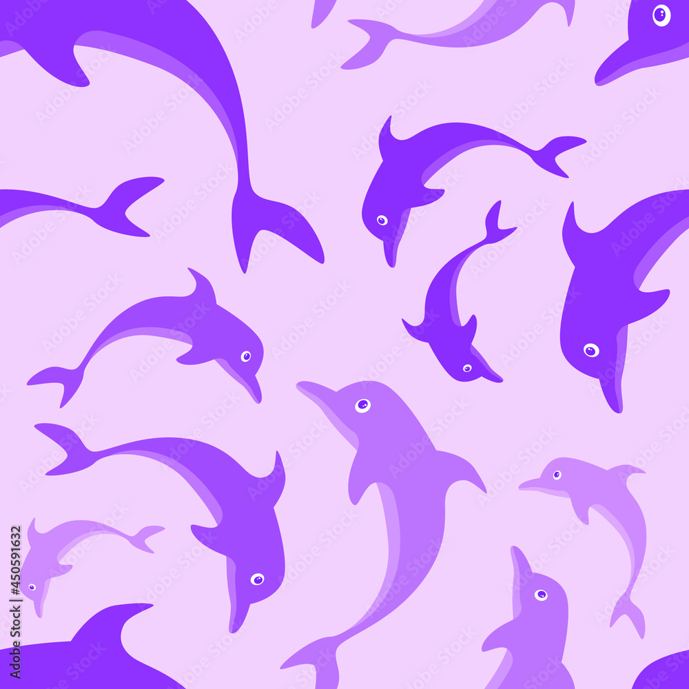 Fototapeta premium Violet dolphin on violet background seamless pattern vector illustration.