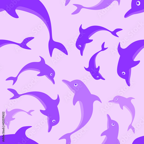 Violet dolphin on violet background seamless pattern vector illustration.