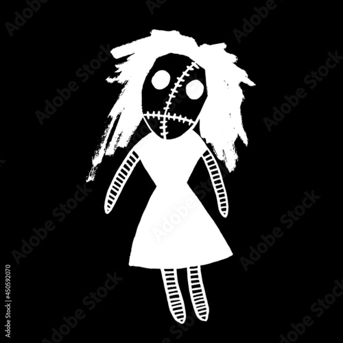 Vector image of a scary doll with long hair. Halloween. Calligraphic style. Brush strokes. Ink style. White on a black background. Doodle. Hand drawing. Minimalism