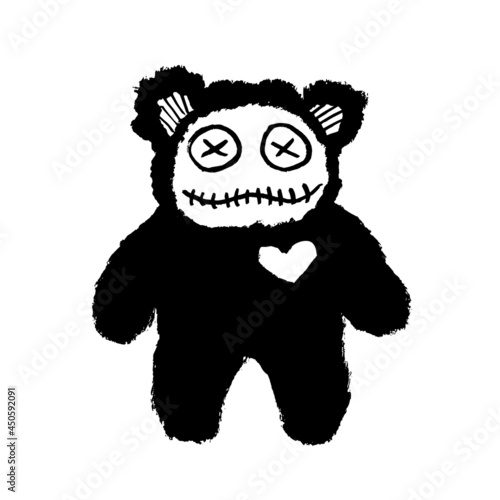 Vector image of a creepy teddy bear. Halloween. Calligraphic style. Brush strokes. Ink style. Black on a white background. Doodle. Hand drawing. Minimalism
