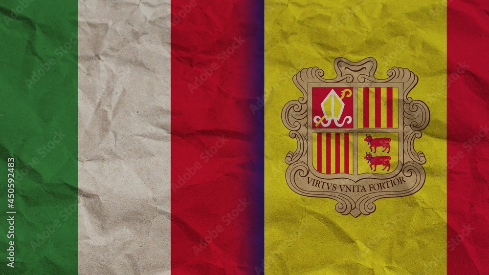 Naklejka premium Andorra and Italy Flags Together, Crumpled Paper Effect Background 3D Illustration
