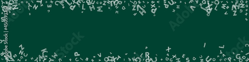 Falling letters of English language. Chalk handdrawn flying words of Latin alphabet. Foreign languages study concept. Fascinating back to school banner on blackboard background.