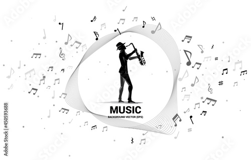 Vector silhouette of saxophonist with music melody note dancing flow . Concept background for classic music concert and recreation.