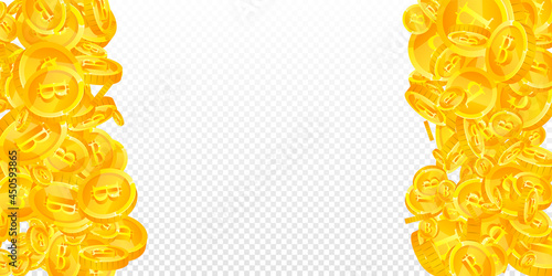 Bitcoin, internet currency coins falling. Favorable scattered BTC coins. Cryptocurrency, digital money. Overwhelming jackpot, wealth or success concept. Vector illustration.
