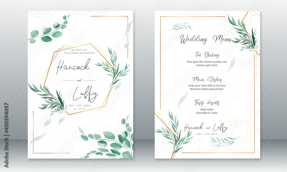 Obraz Szablon karty zaproszenia ślubne luksusowe. Elegancka złota z akwarelą z zielonymi liśćmi na białym tle