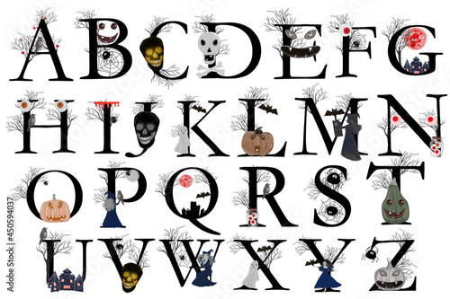 Halloween alphabet. Design for greeting cards, holidays, parties and invitations. Drawing for printing on Halloween. Decoration for the interior.