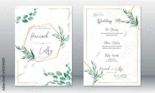  Luxury wedding invitation card template. Elegant of golden with green leaf watercolor on white background