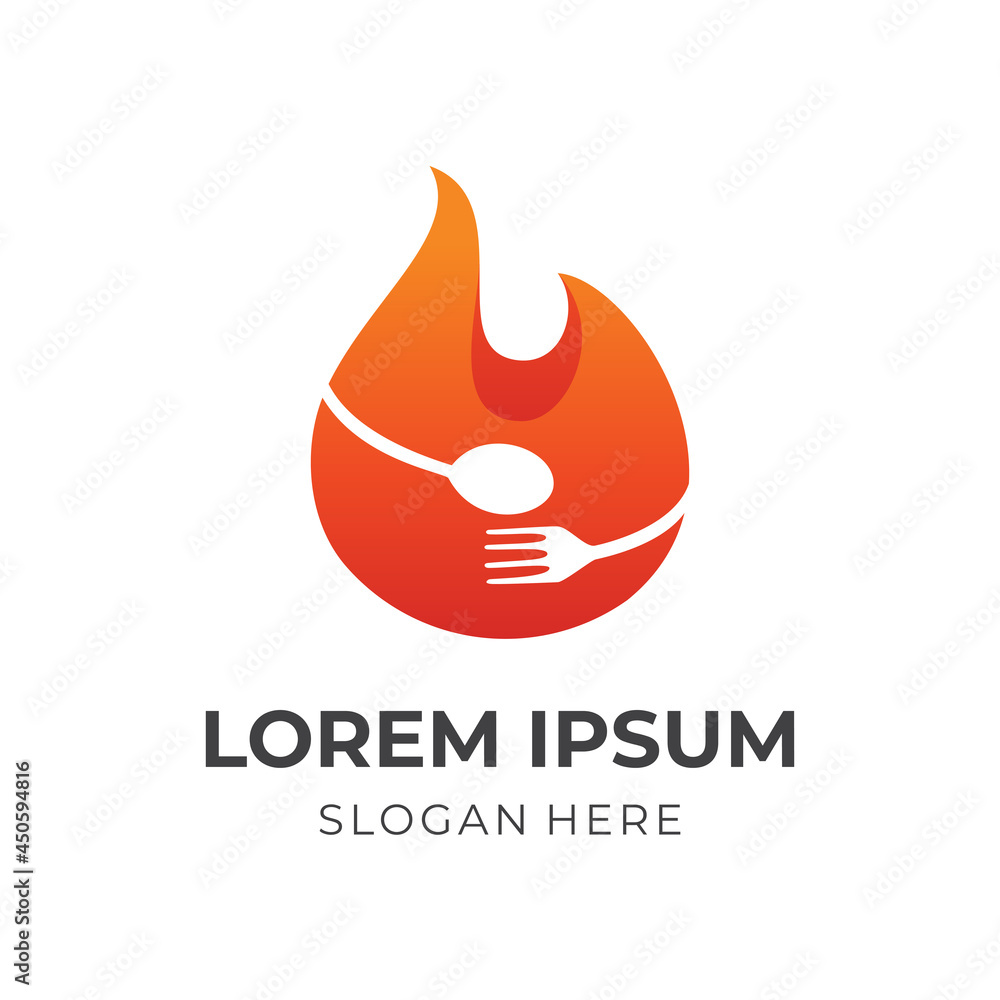 hot food logo design, flame and food, combination logo with 3d orange color style hot food logo design, flame and food, combination logo with 3d orange color style