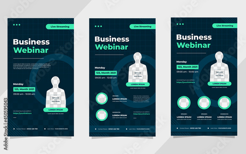 Collection of business webinar social media stories post templates on navy blue and green background with circle frame