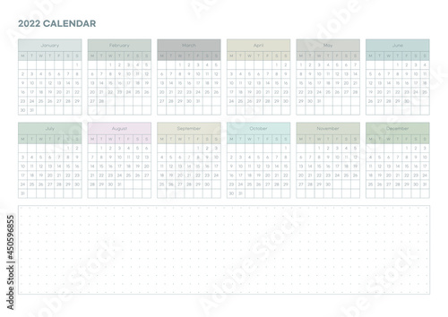 Note, scheduler, diary, calendar planner document template illustration. Calendar form for the year 2022.