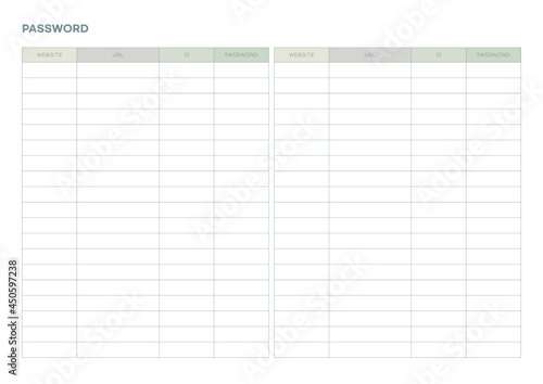 Note, scheduler, diary, calendar planner document template illustration. Website ID and password notepad form.