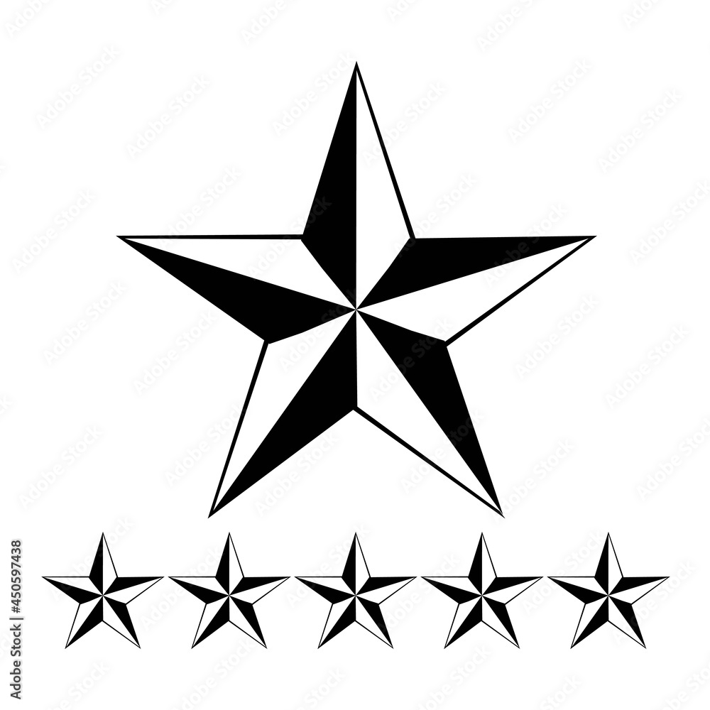 Quality rating bright icon with five stars isolated on white. Evaluation of goods, writing reviews of delivery, hotels, shops. Vector illustration Quality rating bright icon with five stars isolated on white. Evaluation of goods, writing reviews of delivery, hotels, shops. Vector illustration