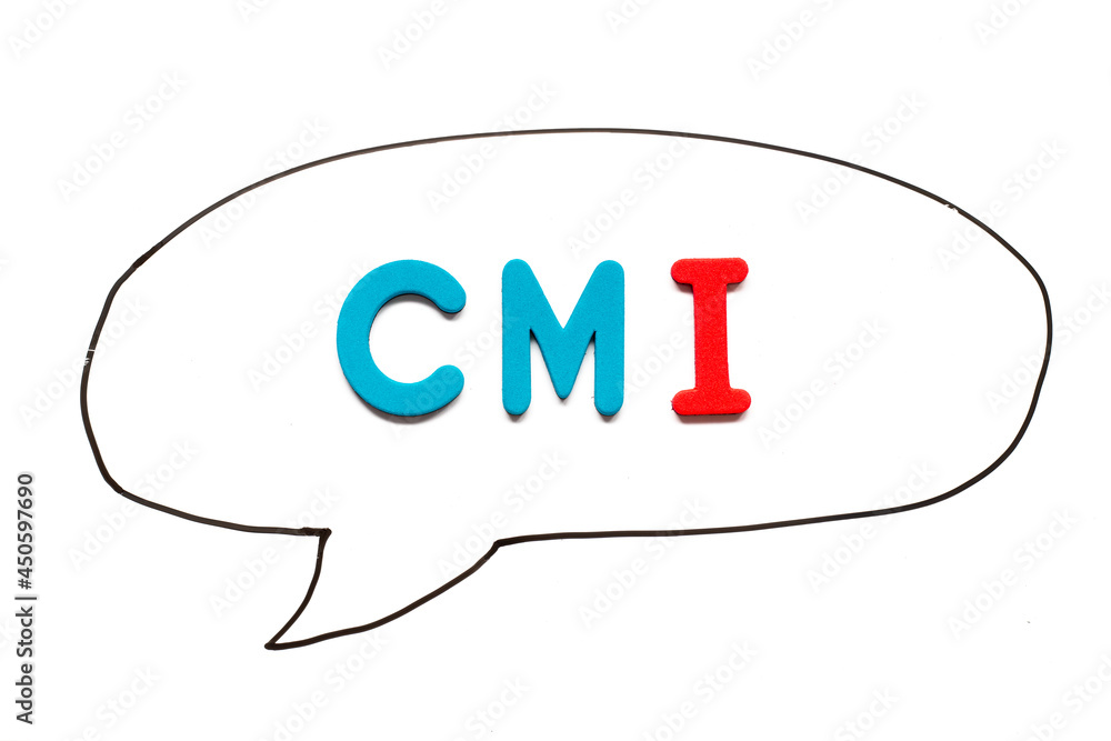 Alphabet letter with word CMI in black line hand drawing as bubble speech on white board background Alphabet letter with word CMI in black line hand drawing as bubble speech on white board background