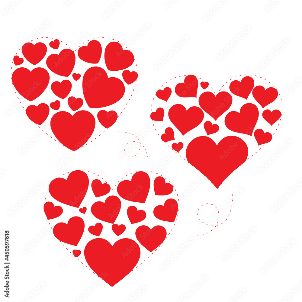 Collection of vector shapes of hearts in many different styles on a white background.