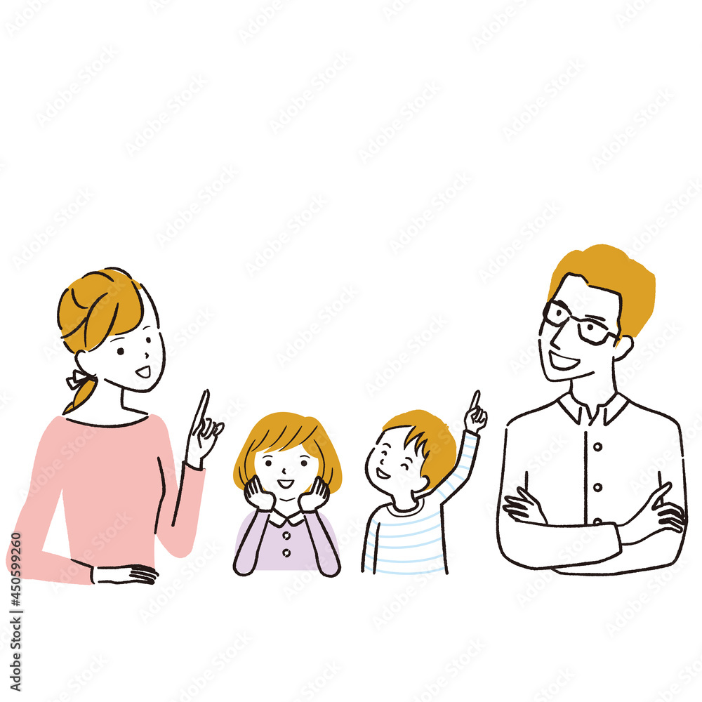 手書き線画カラーイラスト パパとママと子供 見上げる Stock Vektorgrafik Adobe Stock