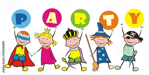 Party, happy kids and carnival masks, vector illustration on white background. Group of little girls and boys with text.