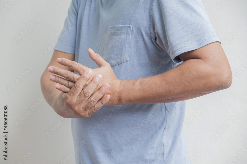 Man hand massage physiotherapy other side is sore and numb, exhausted