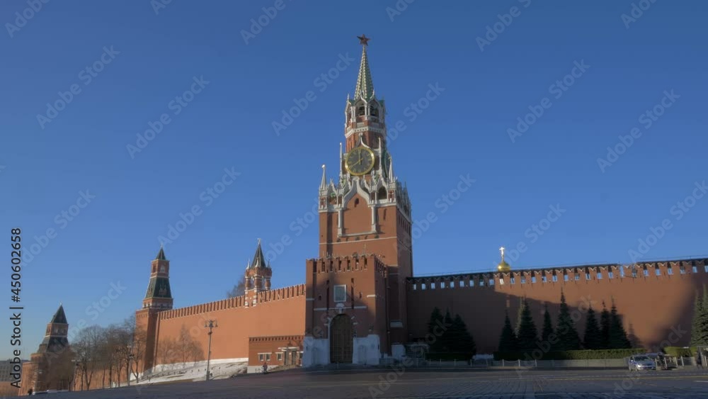 Spasskaya Tower of Kremlin in Moscow on Red Square, Russia, static shot, no people Spasskaya Tower of Kremlin in Moscow on Red Square, Russia, static shot, no people