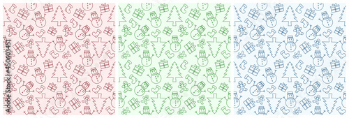 Set of Christmas Background Seamless Pattern With Santa Claus, Tree, Socks, Snowman And Gifts For Landing Page, Wallpaper Or Decoration