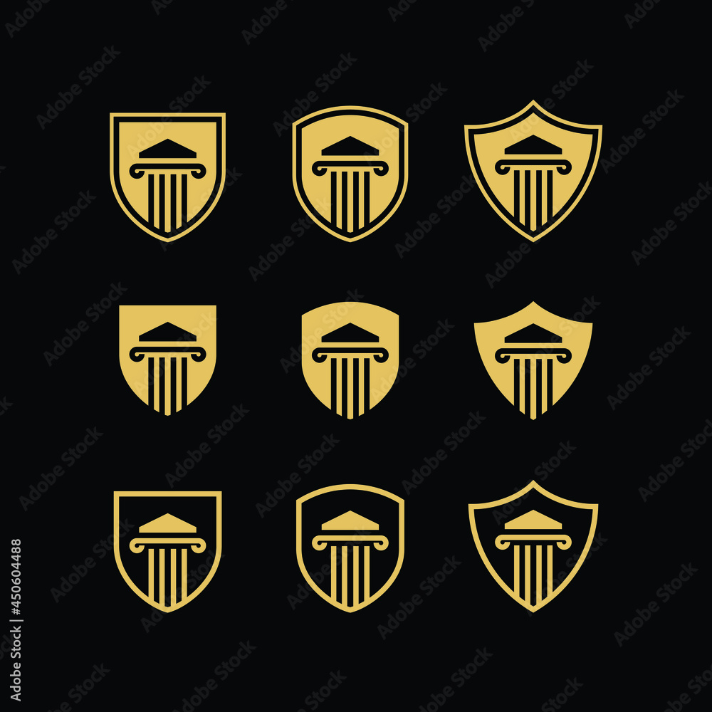 SHIELD BADGE WITH PILLAR BLACK AND GOLD LUXURY LOGO VECTOR COLLECTION FOR ATTORNEY & LAW SHIELD BADGE WITH PILLAR BLACK AND GOLD LUXURY LOGO VECTOR COLLECTION FOR ATTORNEY & LAW