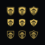 SHIELD BADGE WITH PILLAR BLACK AND GOLD LUXURY LOGO VECTOR COLLECTION FOR ATTORNEY & LAW